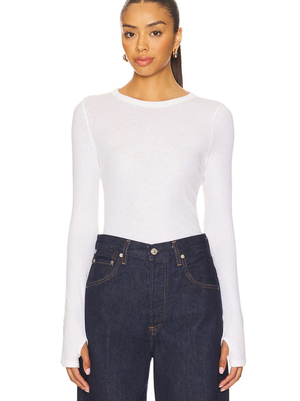 Enza Costa cashmere new classic long sleeve crew top in white